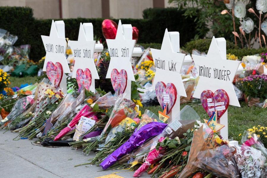 A memorial dedicated to the victims of the Pittsburgh mass shooting stands outside the Tree of Life synagogue.  On Saturday, 11 people were killed and six were injured during a massacre allegedly fueled by anti-Semitism. (Photo by Andrea Hanks/White House)