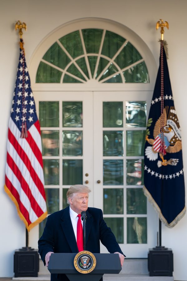President Donald Trump delivers an address on the state of the government shutdown in the Rose Garden. On Jan. 25,  Trump signed a bill to temporarily reopen the government. (White House/Tia Dufour) 