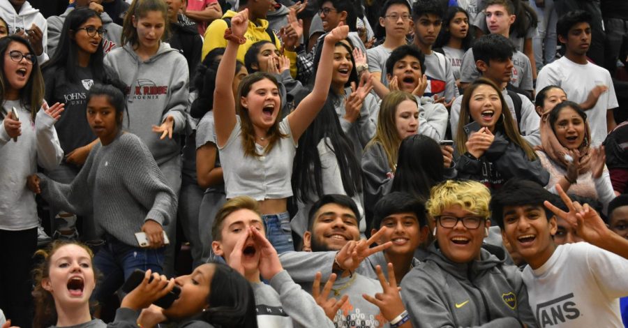 The sophomore section cheers in victory as their representative Prince Amarante wins the pep rally game.
