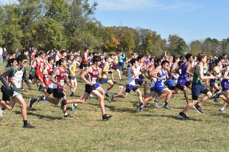 Runners from all different schools compete in the cold  for the VHSL Cross Country State Championship.