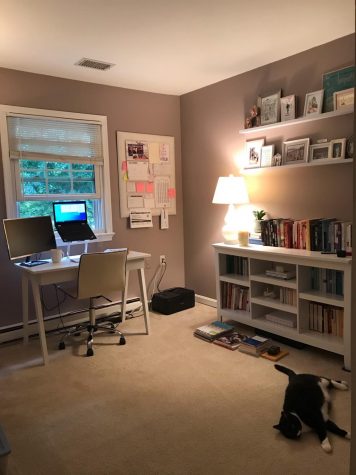 Theater teacher Rebekah Hess has spent quarantine and summer break preparing her home office for the school year. “I ended up decluttering over 2,320 items in the last three months,” Hess said. Her office contains scented candles, an open window, a ginormous planner, and a special furry friend, Gibbs.