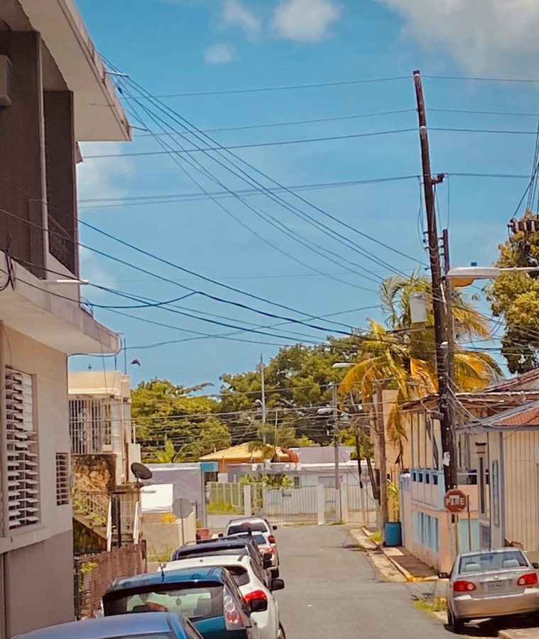 A street in the municipality of Mayagüez, Puerto Rico. Many of the roads in the island, especially in the rural areas, are usually left uneven and damaged.