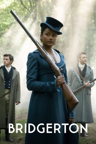 Kate Sharma (Simone Ashley) stands with a rifle in her arms while Anthony Bridgerton (Jonathan Bailey) and Benedict Bridgerton (Luke Thompson) are in the background. They are hunting which I think is a part of the second season.