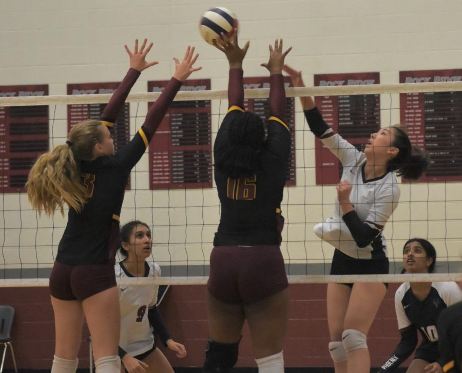 Junior Michelle Kim (7) jumps up to smack the ball over the net, defeating  the opposing teams’ block wall.