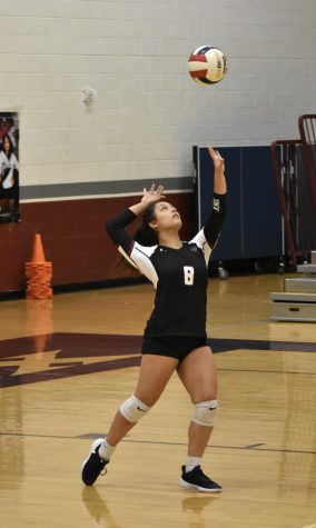 Senior Karis Adnan sets off the point by serving the ball to the opposing team. The Phoenix kept the game lighthearted as they continued to lead. “We have been on a really good winning streak, so that was really fun,” Adnan said. 