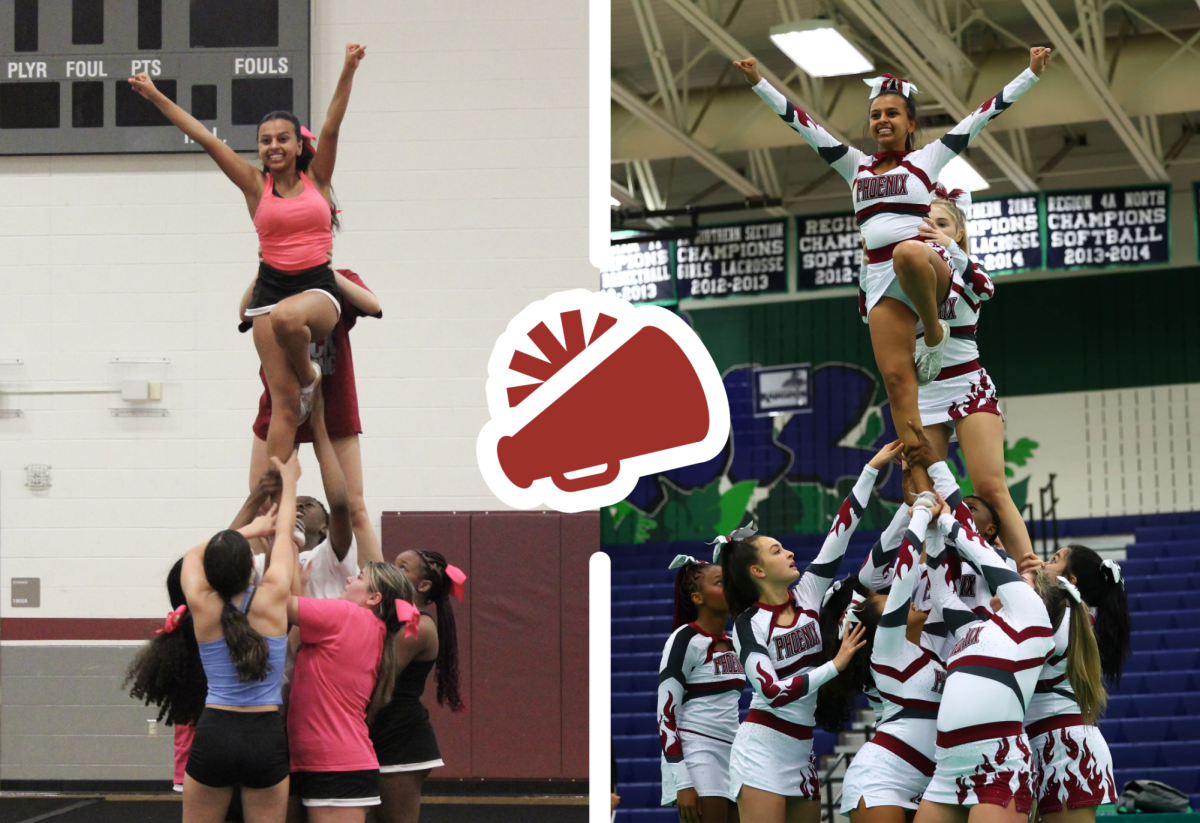 Held up by a group of cheerleaders, flyer sophomore Leyu Yonas poses as part of a stunt, also supported by flyer junior Shayne Mitchell behind her. (Left) Prior to the pink out football game on Oct. 13, the athletes practiced in the aux gym from 5 p.m. to 6:30 p.m. (Right) On Oct. 19, the cheerleaders competed in their District Championships at Woodgrove High School. “We definitely put all our effort on the mat [at Districts], and it showed,” Mitchell said. Left: Photo by Nadia Shirr. Right: Photo by Steve Prakope via Victor O’Neill Studios.