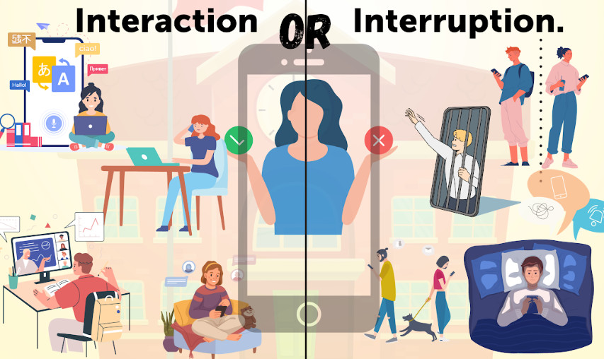 Phones can be a great help for student interaction by beneficially using their functions in the classroom, for example functions like educational apps or communicating. But they can also lead to interruptions, especially in studies.