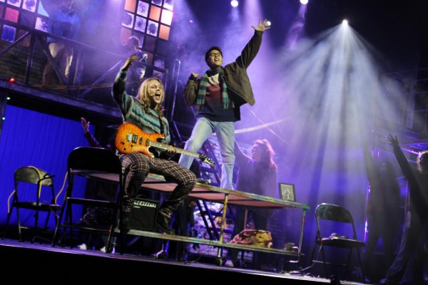 Senior Bradley Schraa (Roger) and sophomore Palmer Jolly (Mark) end the titular song, “RENT,” as all the characters tell the audience they are not going to pay “last year’s rent, this year’s rent, [and] next year’s rent.”