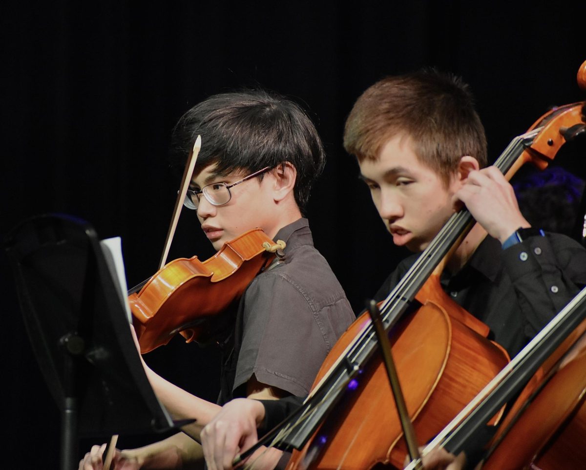 Freshmen Evan Danh and Alex Bethke play their viola and cello while bouncing off each other, reading the piece, and combining both their sounds to create a new one.