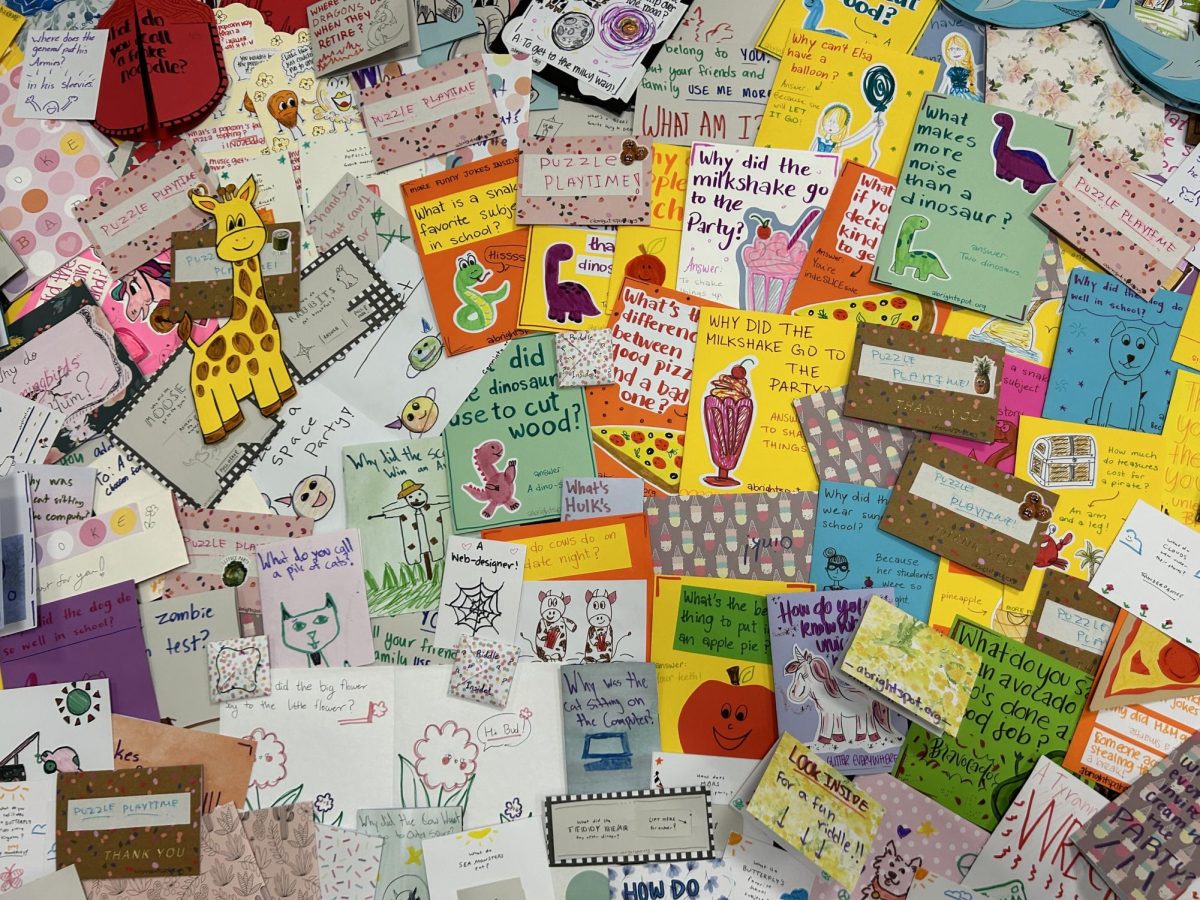 Community of Care, a club focused on brightening the lives of senior nursing home citizens, enlarged its focus group by making joke and riddle cards for children over February. For one month, 28 students attended making 300 cards in total to be donated to the organization A BRIGHT SPOT, which distributes them to children. 