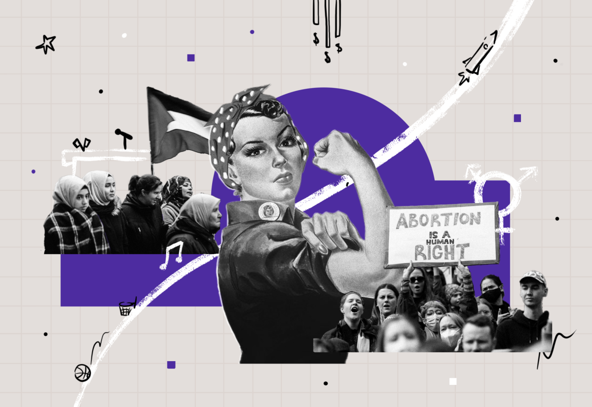  From the Israel-Hamas War (left) to abortion rights (right), social  issues have become the source of protest across the U.S. and world. Throughout it all, Rosie the Riveter (center), originally created as part of WWII campaign to recruit women in defense industries, has remained an icon of working-class women. Graphic by Sydney Nguyen with edited images via Flickr. (left to right) Palestine solidarity protest by Hossam el-Hamalawy under CC BY 2.0, We Can Do It! by Thomas Cizauskas under CC BY-NC-SA 2.0, and Roe v Wade OVERTURNED: Protest to defend US Abortion Rights (Melb) by Matt Hrkac under CC BY 2.0.