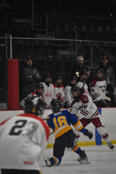 Junior defenseman Connor Bultema dumps the puck in the offensive zone as the Phoenix/Pride watch from the bench intently.