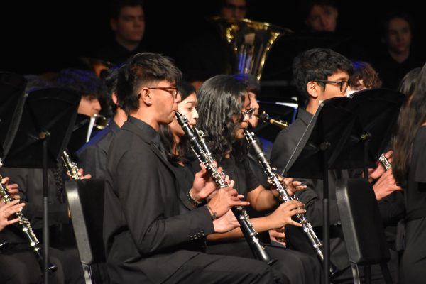 Senior Ragya Verma engages in “#19, Treasury of Scales” by Justin Ratcliff, playing the clarinet. 