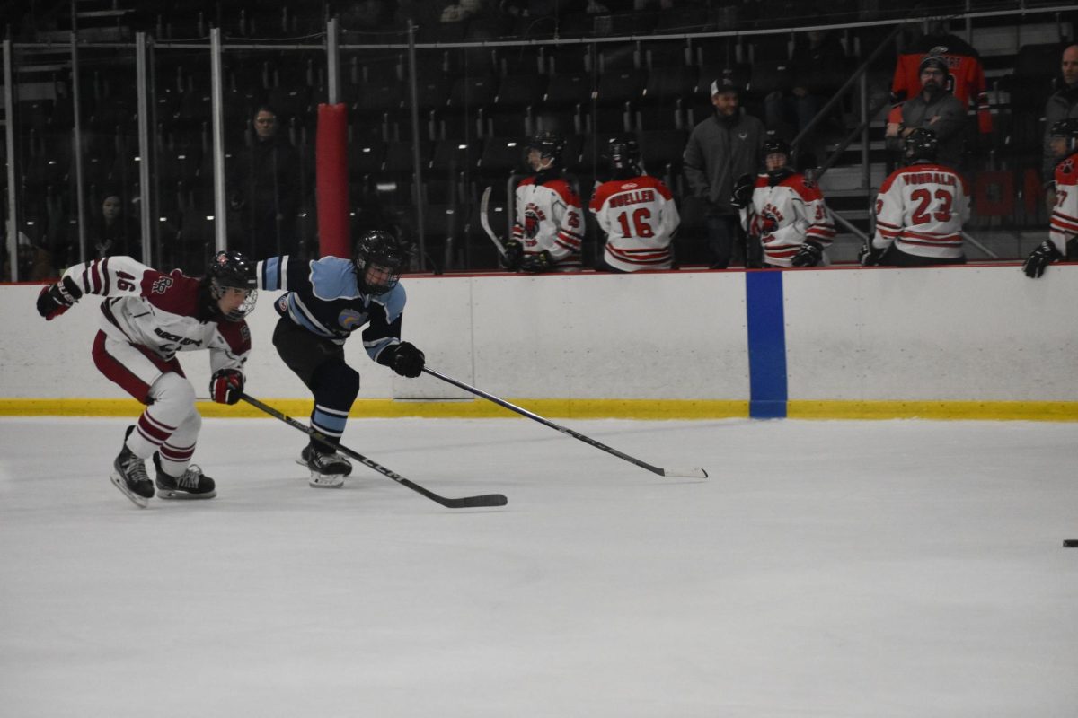 Racing for the puck, junior Connor Bultema and a Knights/Colts player sprint for a loose puck.