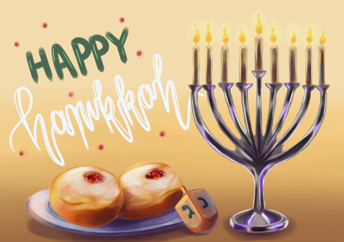 Hanukkah is celebrated with many things, such as the menorah with eight lit candles to represent the eight days of Hanukkah, a dreidel used for games, and Sufganiyots, which is a traditional food eaten during this time.