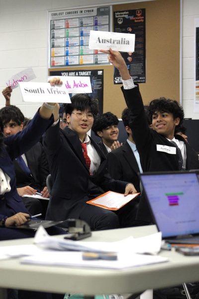 (Left to right) Several delegates who represent countries including Vietnam, South Africa, Saudi Arabia, and Australia hold up their nameplates in order to have their motion heard and voted on in the World Health Organization (WHO) committee.  