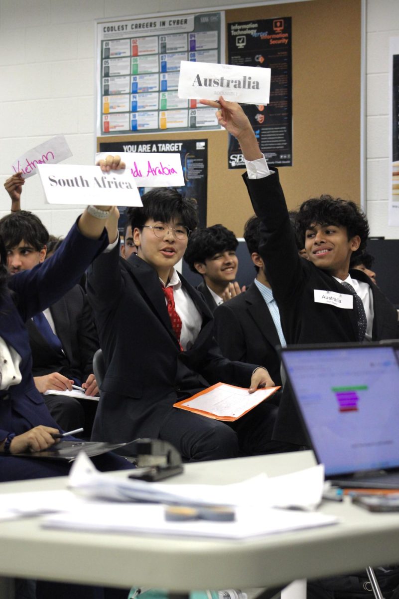 (Left to right) Several delegates who represent countries including Vietnam, South Africa, Saudi Arabia, and Australia hold up their nameplates in order to have their motion heard and voted on in the World Health Organization (WHO) committee.  