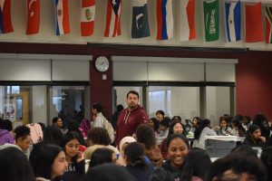 Mr. Hernandez, Rock Ridge High School faculty member, monitors a crowded cafeteria during the school-wide lunch block, courtesy of the three-hour early dismissal schedule, on Tuesday, Feb. 11.