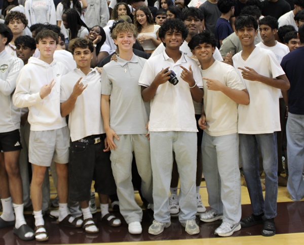 Rock Ridge juniors celebrate the end of the first annual spirit week with class colors. Left to right: Benjamin O'Connor, Xavier Goldberg, Graham Wilsey, Vishaal Omkaram, Om Mehta, Rithvik Ravishankar.