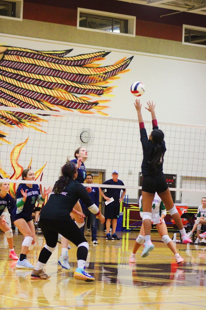 Sophomore Sudhi Gudimettla jumps to hit the ball over the net.