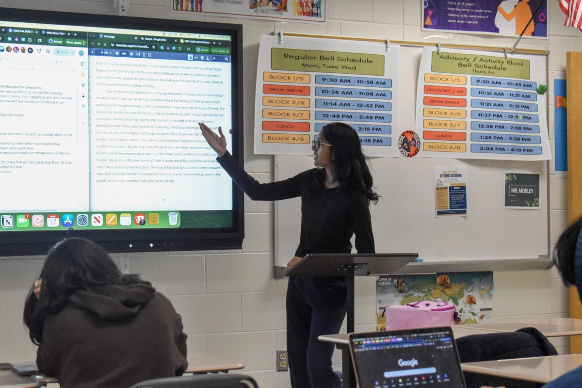 The Mock Trial club hosts an after school meeting on Mondays. Senior Mahika Talaulicar stands at the front of the classroom, going over Mock Trial’s most recent defamation case.