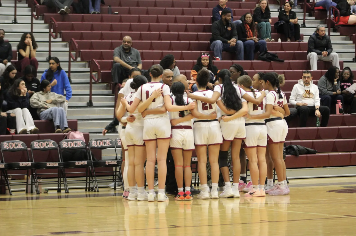 The girls basketball team huddles while Coach Joseph Smith explains the strategy. “Our coach is there for us,” junior Nada Elsayed said. “He definitely knows what he's doing.”