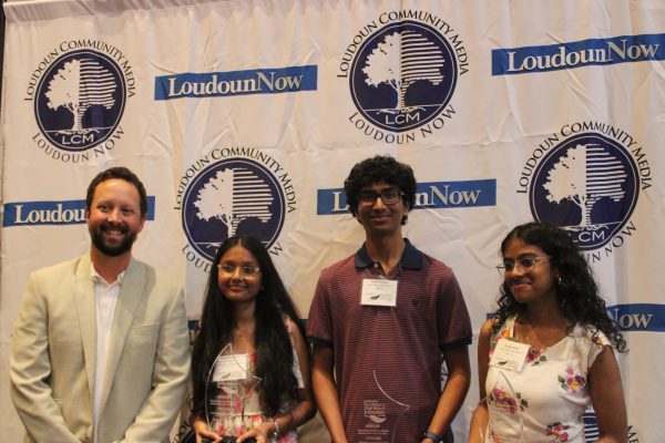 From left to right: Tyler Anderson, adviser of The Blaze, poses with the first-place winners of the “Best Podcast” category, Rachel Bhardwaj, Saketh Nandam, and Divitha Mathe.