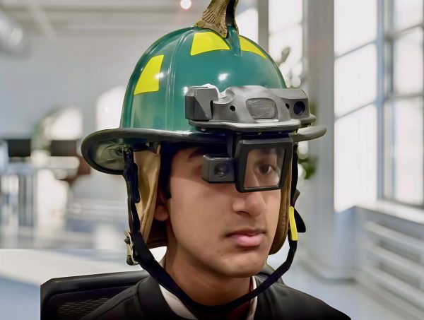 Aarnav Trivedi dons the first prototype of the AI Fire Helmet. Photo courtesy of Aarnav Trivedi.