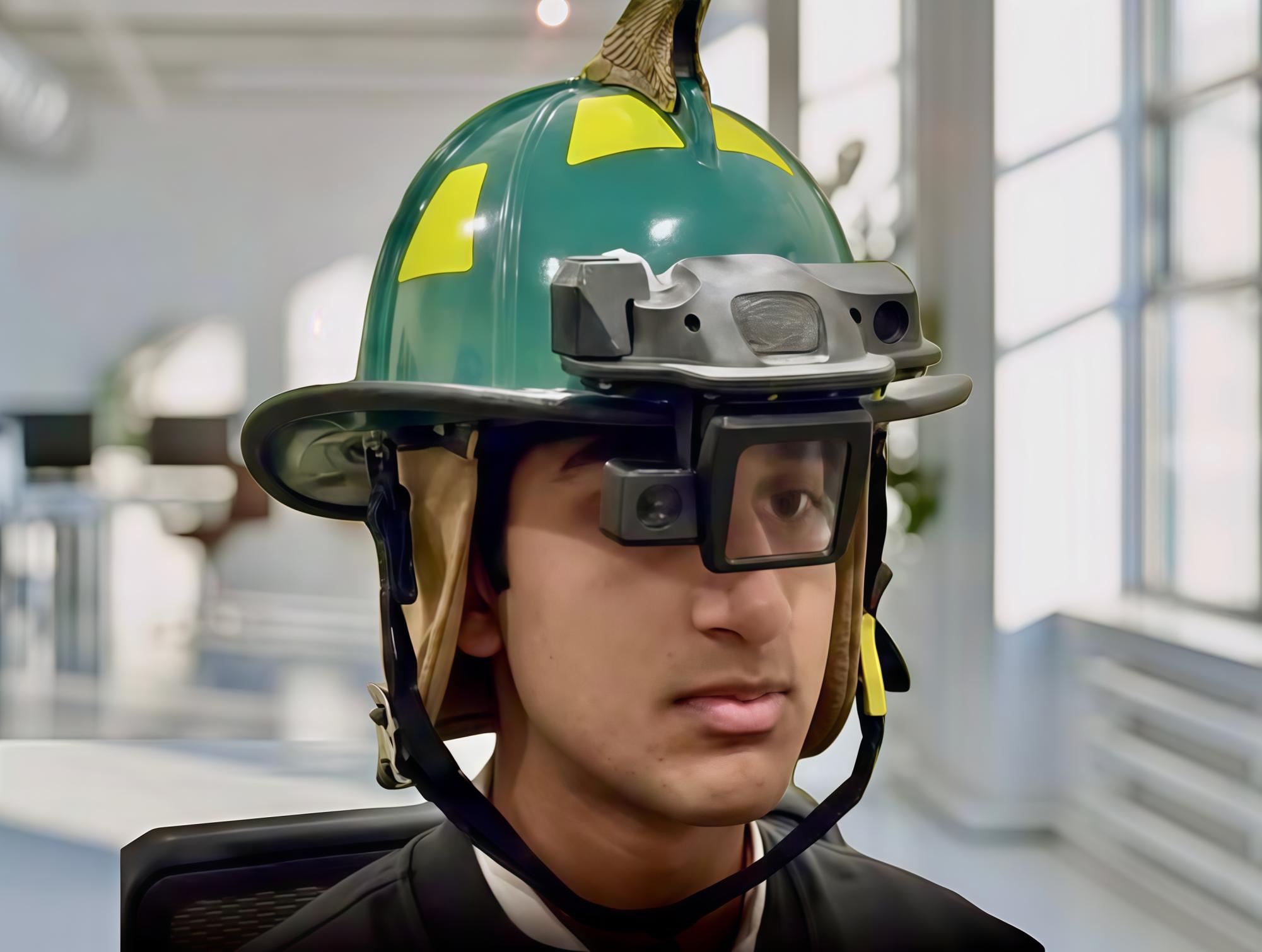 Aarnav Trivedi dons the first prototype of the AI Fire Helmet. Photo courtesy of Aarnav Trivedi.